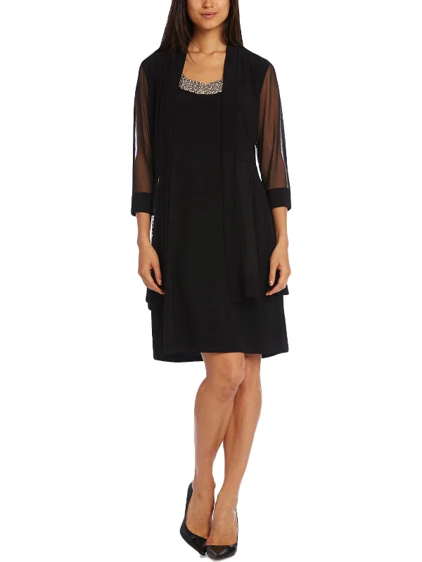 cocktail dress with sheer sleeves-Petites Womens 2PC Embellished Cocktail Dress