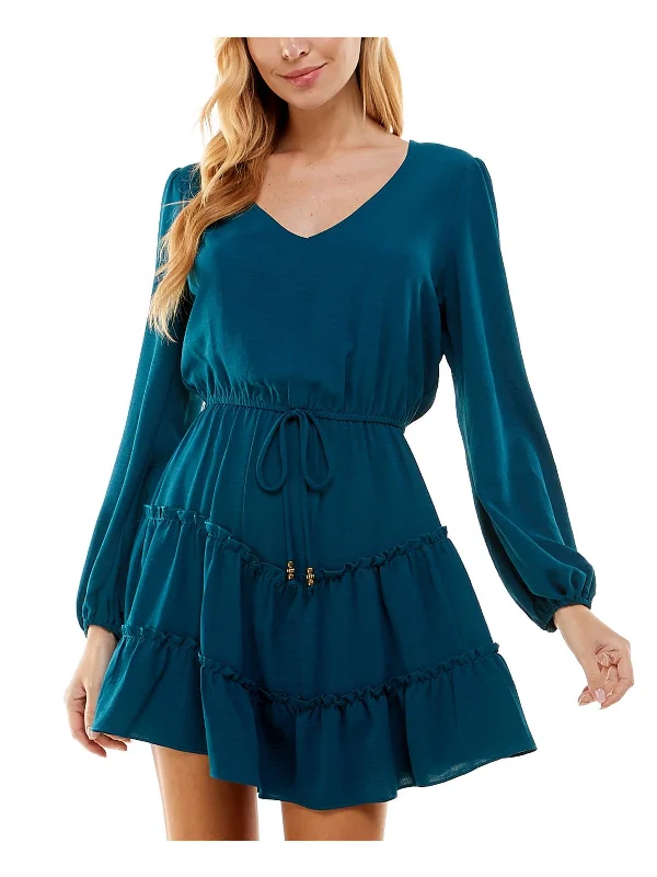 Trendy mini dresses for college students-Juniors Womens Tiered Polyester Fit & Flare Dress