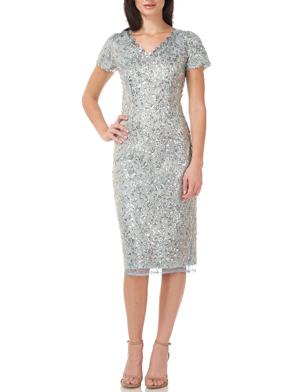 high neck cocktail dress-Womens Sequined Scalloped Cocktail and Party Dress