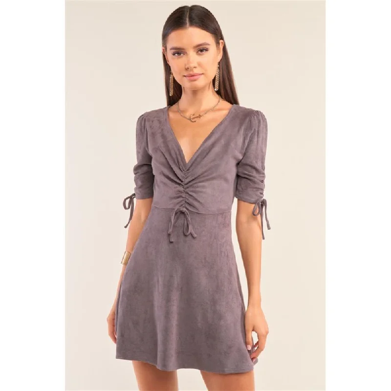 Formal evening mini dresses with lace-Charcoal Grey Suede Deep Plunge V-neck Gathered Detail Tight Fit Mini Dress