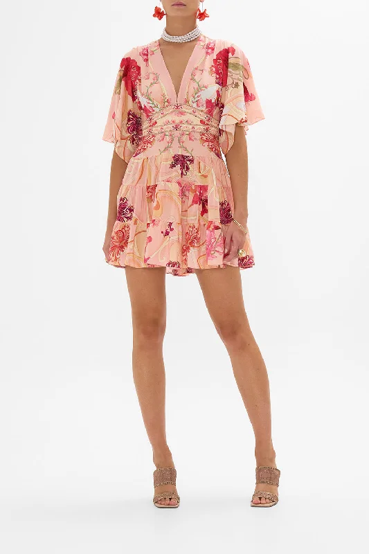 Cottagecore mini dresses with puff sleeves-TIERED SKIRT MINI DRESS BLOSSOMS AND BRUSHSTROKES