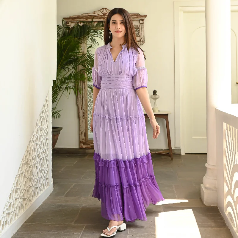 boho embroidered maxi dress-Bunaai Shades Of Purple Chiffon Maxi Dress