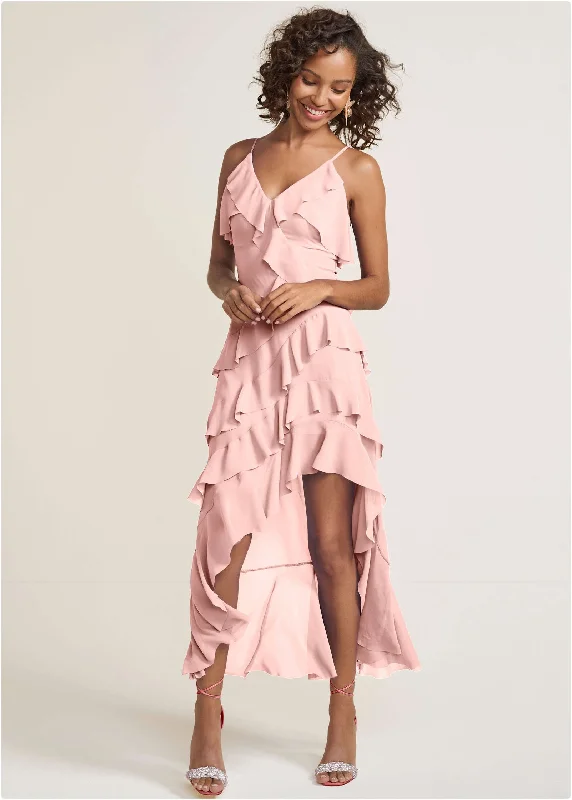 halter neck maxi dress-High-Low Ruffle Maxi Dress - Pink