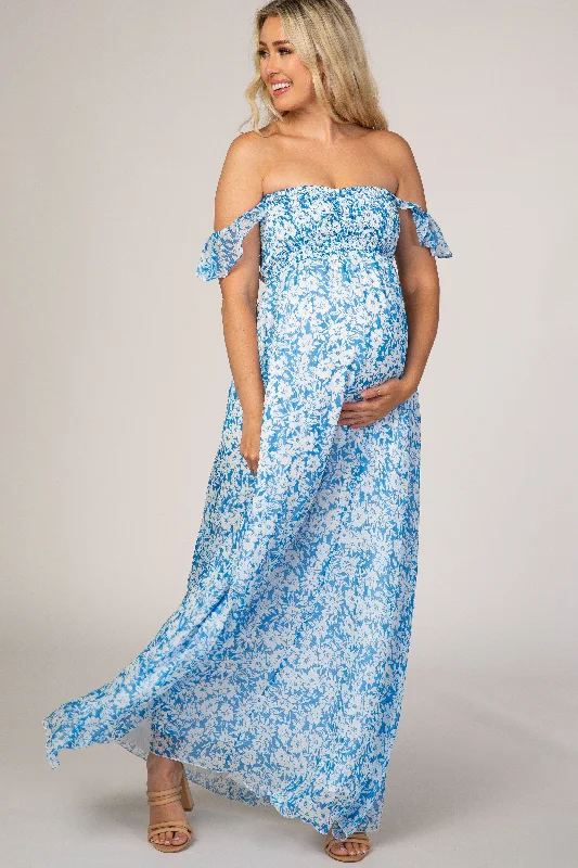 criss-cross back maxi dress-Blue Floral Flutter Sleeve Maternity Maxi Dress