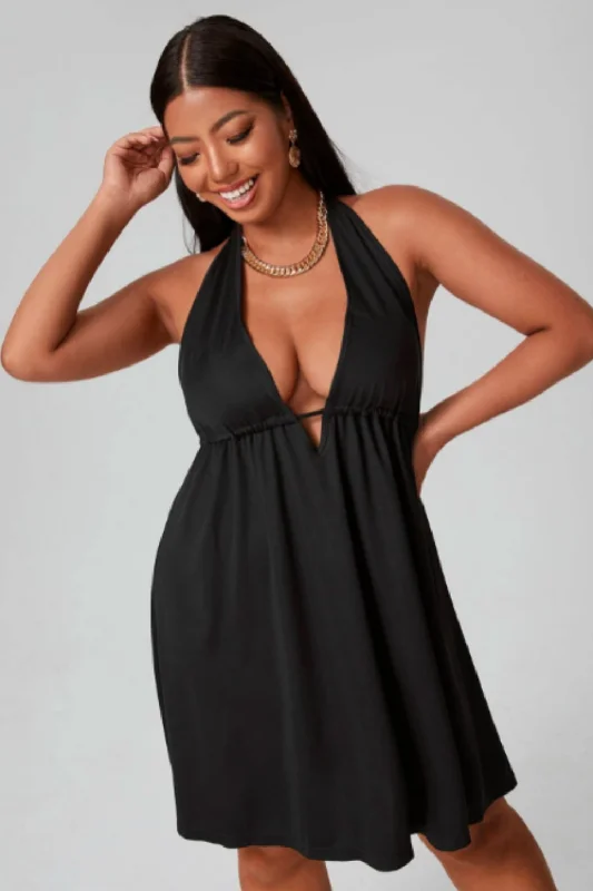 Affordable mini dresses under $50-Plunge Neck Backless Flare Mini Dress