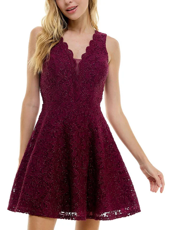 Custom-fit mini dresses with tailoring options-Juniors Womens Lace Glitter Fit & Flare Dress