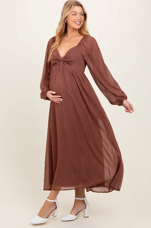 bodycon midi dress-Mocha Chiffon Twisted Front Maternity Midi Dress