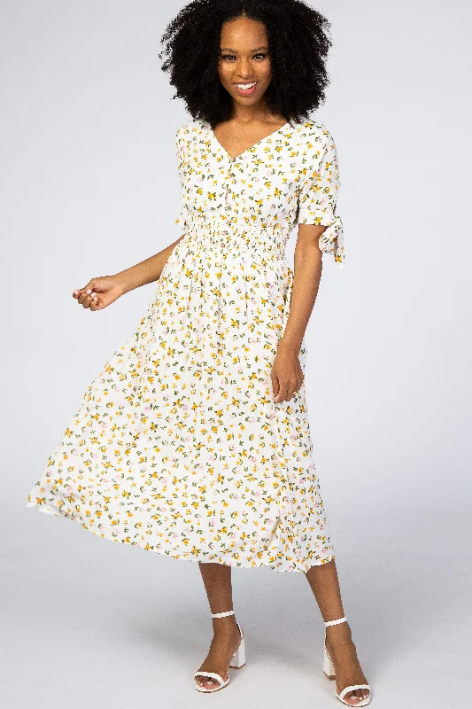 off shoulder midi dress-Ivory Floral Tie Sleeve Midi Dress