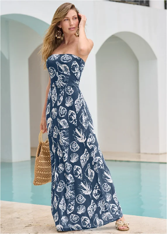 casual summer maxi dress-Convertible Maxi Dress - Navy Multi