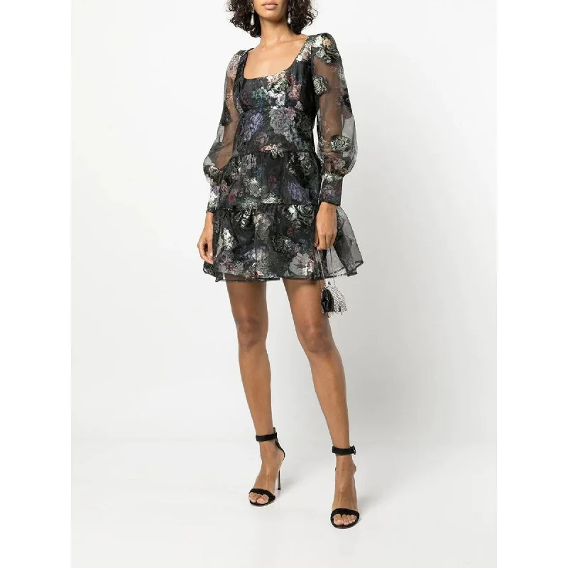 cocktail dress with empire waist-U-neck Smocked Printed Cocktail Dress