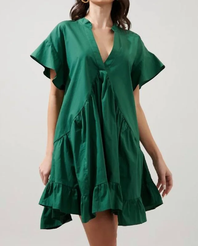 Vintage-inspired mini dresses with puff sleeves-Birdie Deep V Mini Poplin Shift Dress In Emerald