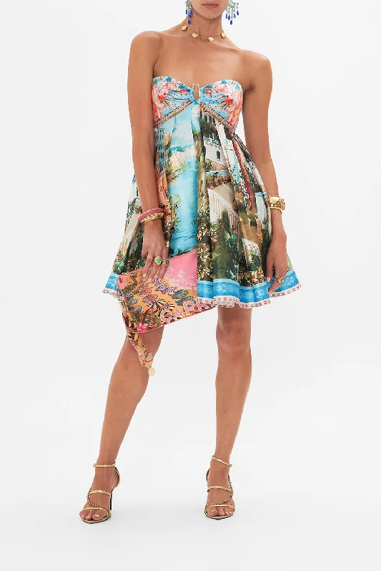 Ruffled hem mini dresses with floral prints-TAFFETA STRAPLESS SHORT DRESS FROM SORRENTO WITH LOVE