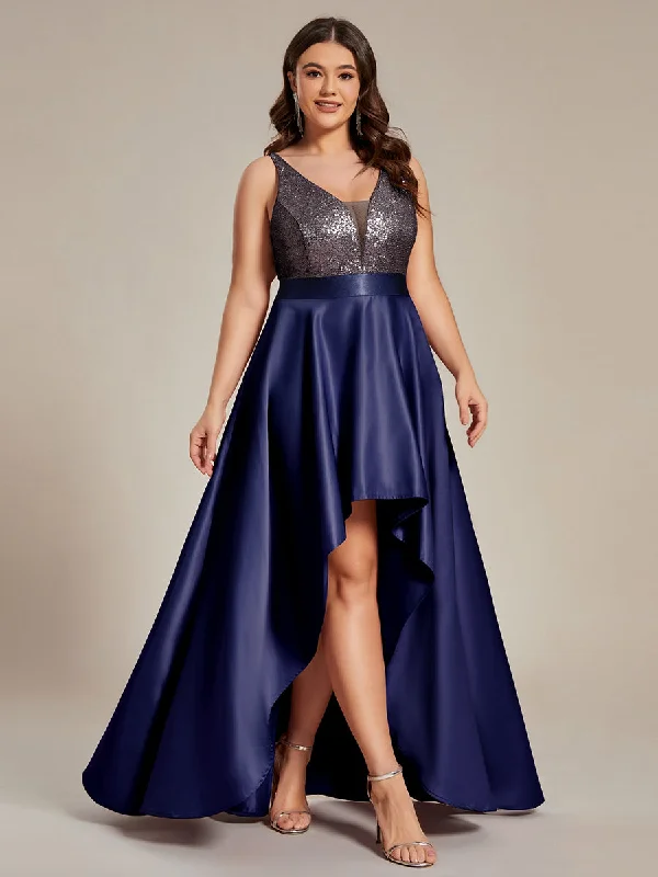 tiered maxi dress-Plus Size Shiny High-Low Prom Dresses for Women