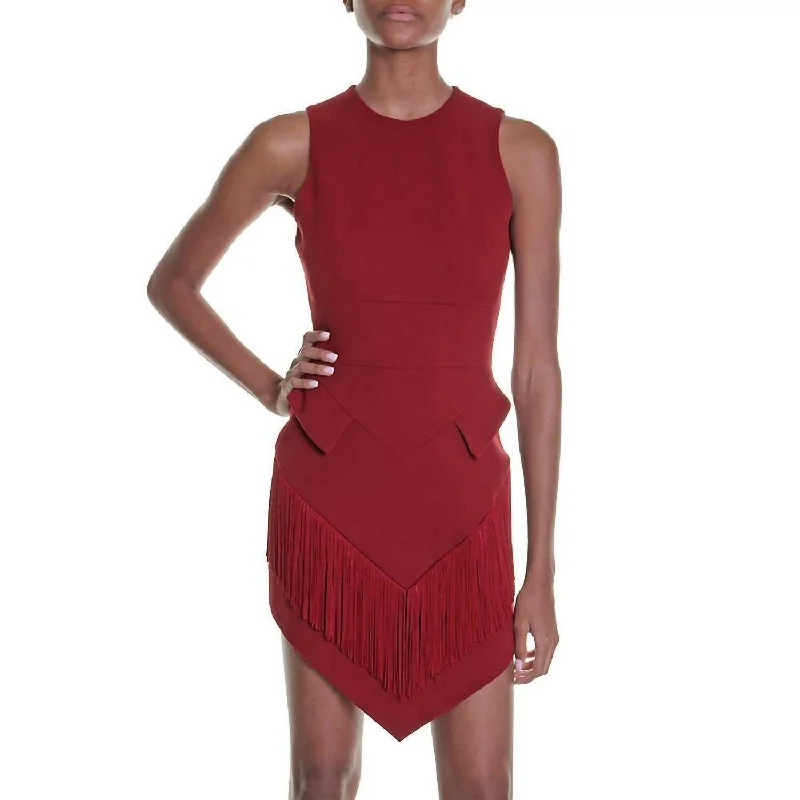 cocktail dress with illusion back-Halter Neck Fringe Trim Cocktail Dress In Red