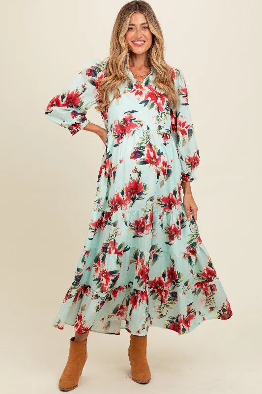 vacation midi dress-Mint Floral V-Neck Tiered Maternity Midi Dress