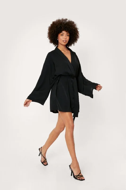 Reversible mini dresses for versatile styling-Kimono Sleeve V Neck Wrap Mini Dress