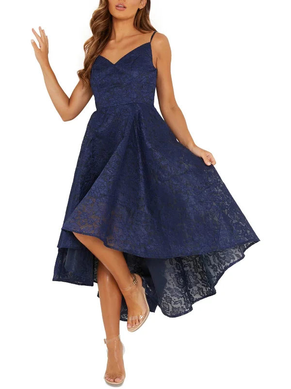 cocktail dress with asymmetrical hem-Juniors Womens Lace Hi-Low Cocktail and Party Dress