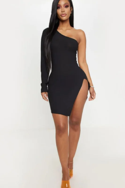 Plus size mini dresses with tummy control-Mini One shoulder Side Slit Black Dress