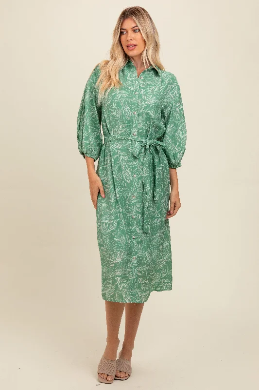 boho midi dress-Green Mocha Leaf Print Button Down Front Tie Midi Dress