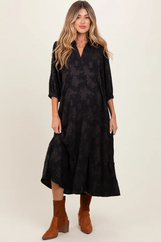 lace midi dress-Black Floral Applique Collared Maternity Midi Dress