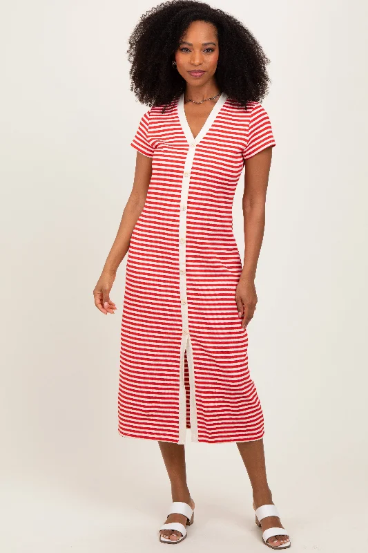 casual chic midi dress-Red Striped Button Down Midi Dress