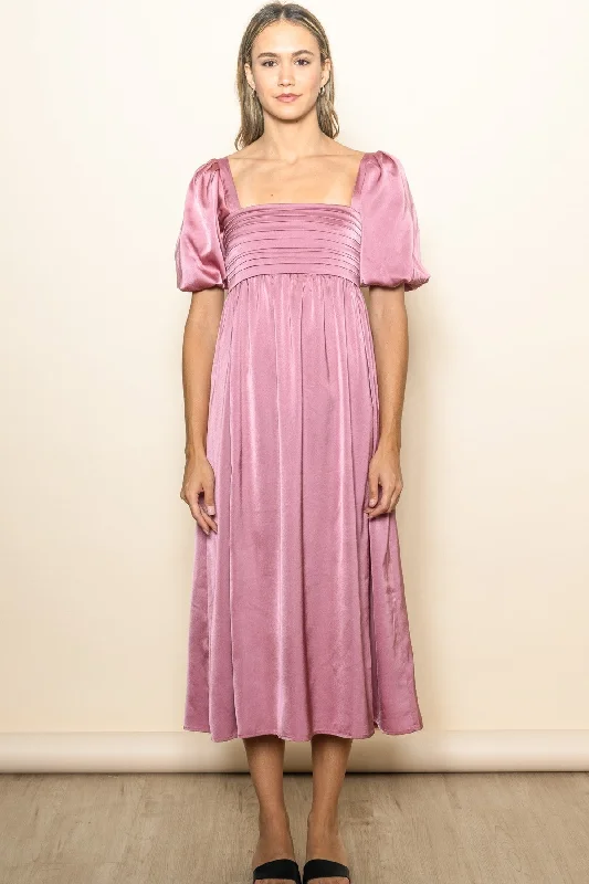 asymmetric midi dress-Mauve Satin Pleated Bodice Puff Sleeve Midi Dress