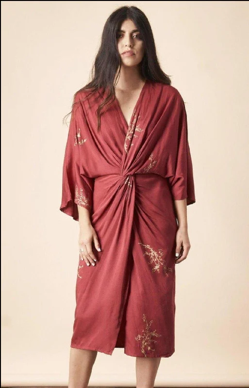 velvet midi dress-Cherry Blossom Twisted Midi Dress in Raspberry + Gold