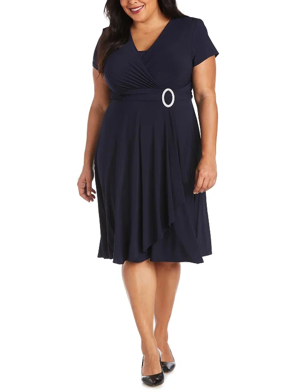 ruffle sleeve cocktail dress-Plus Womens Matte Jersey Short Sleeves Cocktail Dress