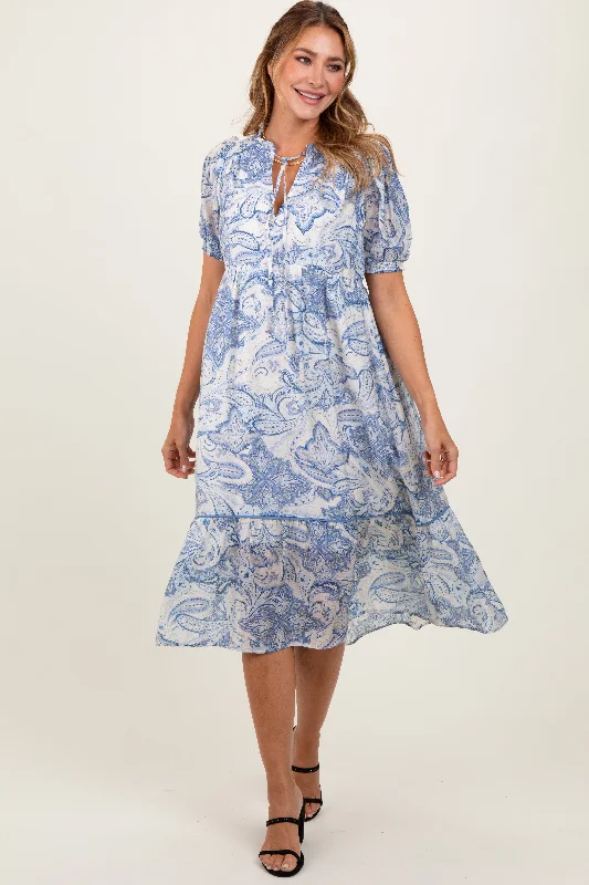 romantic midi dress-Blue Paisley Front Tie Ruffle Trim Midi Dress