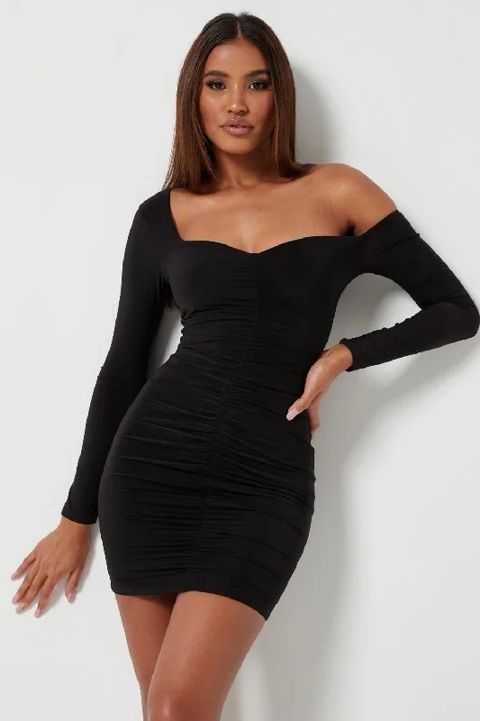 Mini dresses with corset lacing details-Off Shoulder Sweet Heart Necklined Black Mini Dress