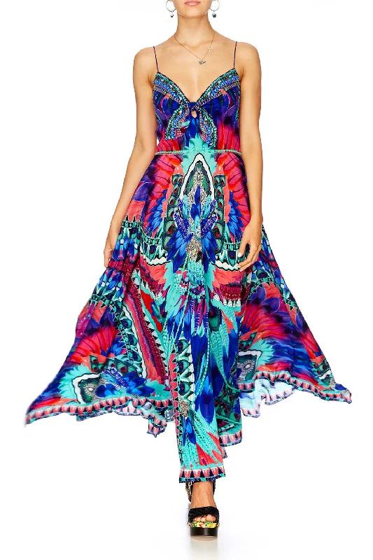 maxi dress with off shoulder-LONG DRESS WITH TIE FRONT SKY FALL