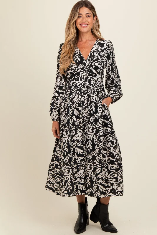 casual work midi dress-Black Abstract Floral Gathered Front Maternity Midi Dress