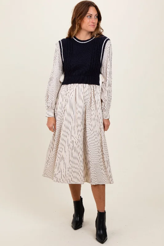 drop waist midi dress-Navy Striped Contrast Sweater Knit Top Midi Dress