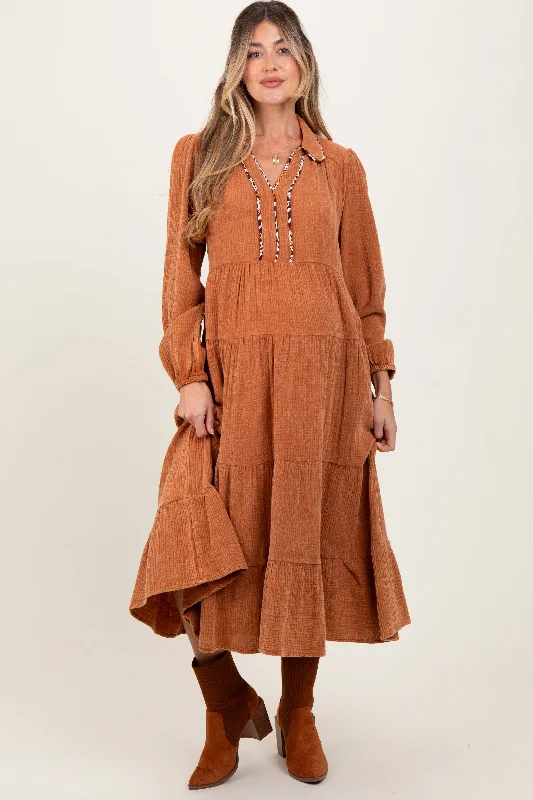 polka dot midi dress-Camel Cotton Gauze Long Sleeve Tiered Maternity Midi Dress