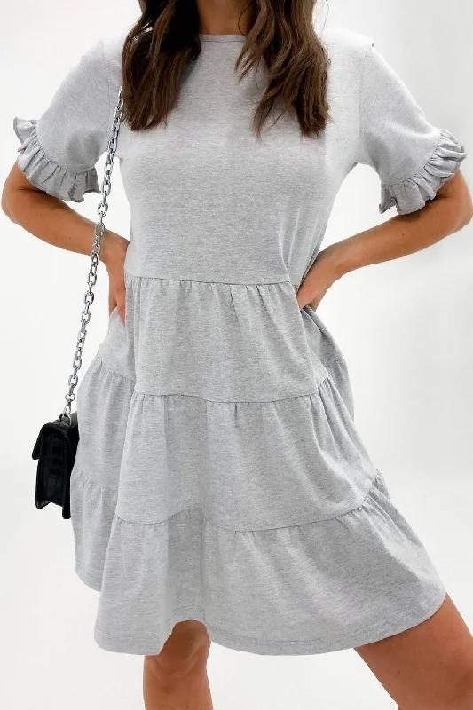 Handmade crochet mini dresses for uniqueness-Frill Hem Sleeve Grey Mini Dress