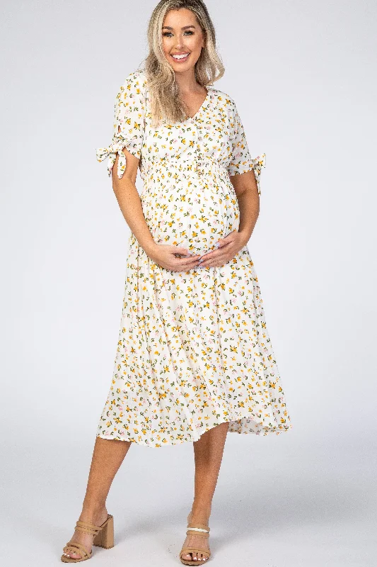 drop waist midi dress-Ivory Floral Tie Sleeve Maternity Midi Dress