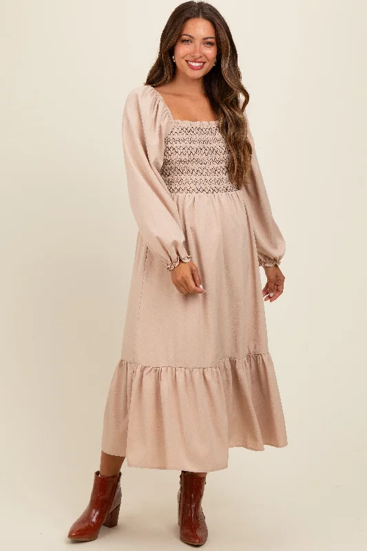 chic midi dress-Beige Contrast Smocked Balloon Sleeve Maternity Midi Dress