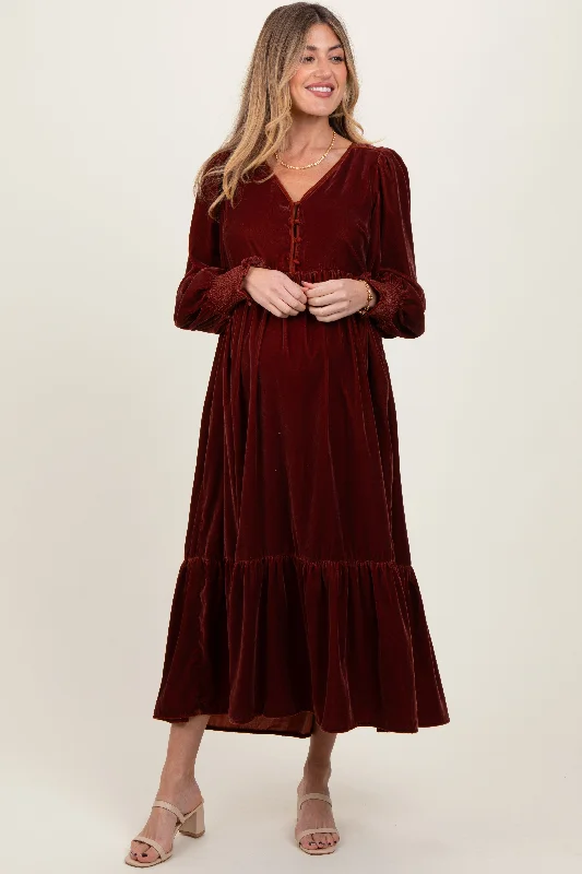 chiffon midi dress-Brown Velvet Button Accent Smocked Sleeve Maternity Midi Dress