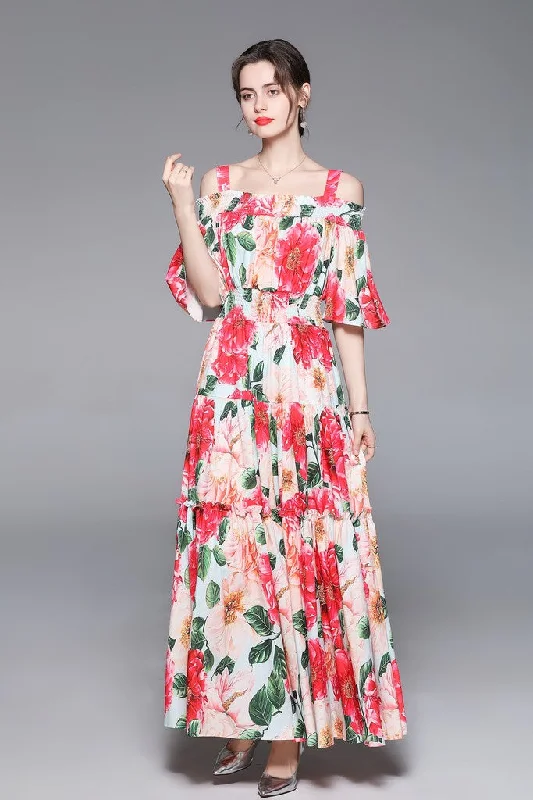 cocktail dress with bow-Multicolor ?ocktail & Party A-line Strap Off The Shoulder Elbow Sleeve Ankle Floral Dress