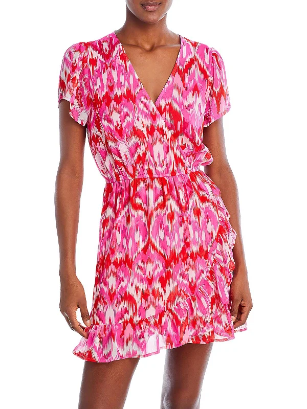 Cheap mini dresses for prom under $100-Ikat Womens Ruffled Mini Wrap Dress