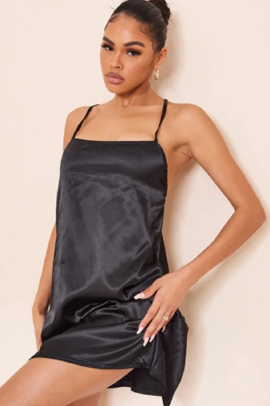 Water-resistant mini dresses for rainy days-Black Satin Mini Sleeveless Dress