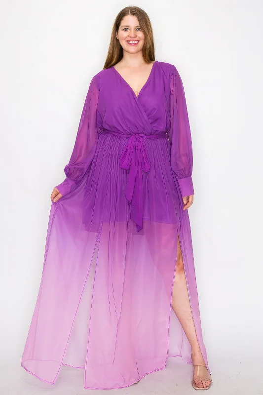 floral smocked maxi dress-Ombre Chiffon Wrap Front Long Sleeve Tie Waist Slit Front Maxi Dress