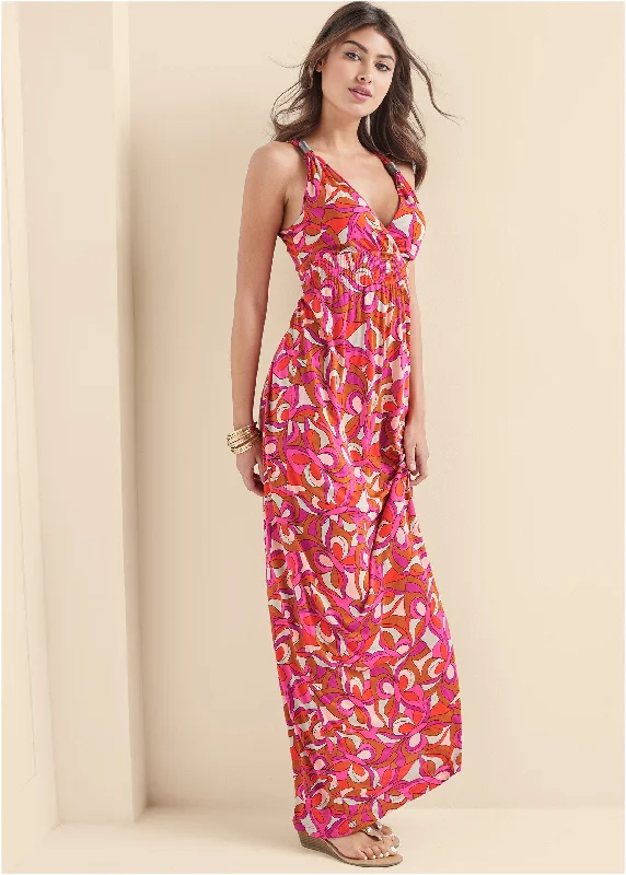 casual maxi dress-Geometric Print Maxi Dress - Pink Multi