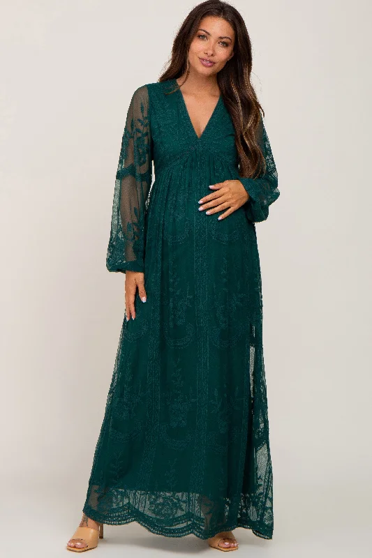 casual boho maxi dress-PinkBlush Forest Green Lace Mesh Overlay Long Sleeve Maternity Maxi Dress