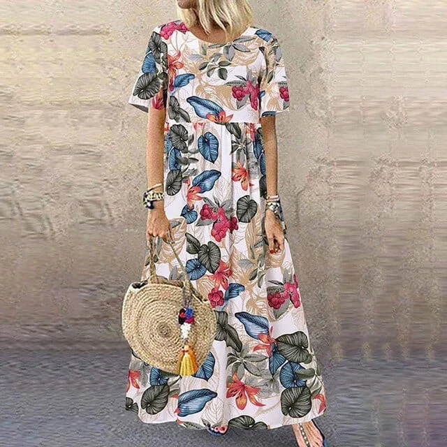 tiered maxi dress-Nemira Boho Short Sleeve Maxi Dress