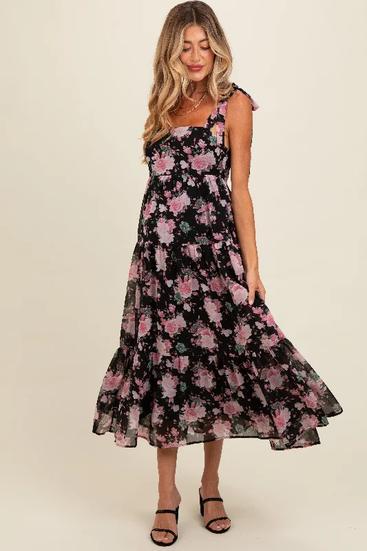 ruffle midi dress-Black Floral Print Tie Strap Maternity Midi Dress