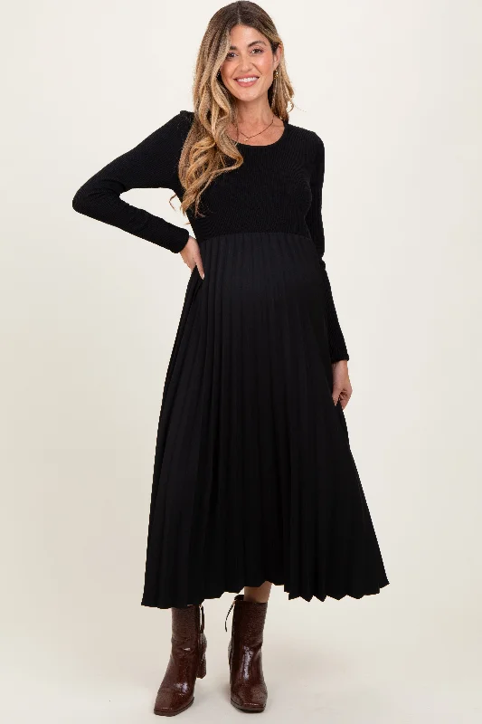 relaxed fit midi dress-Black Knit Contrast Pleated Skirt Maternity Midi Dress