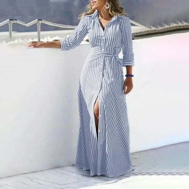 asymmetrical maxi dress-My Destiny Striped Maxi Shirt Dress