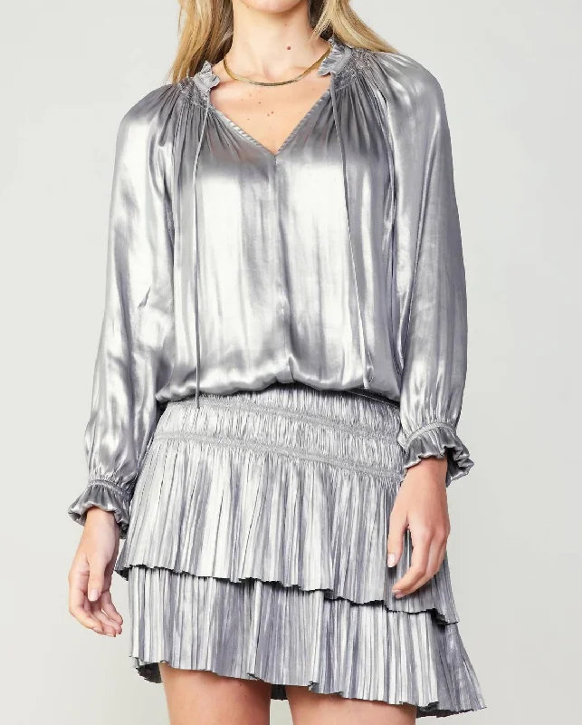 Machine-washable mini dresses for easy care-Pleated Long Sleeve Mini Dress In Silver