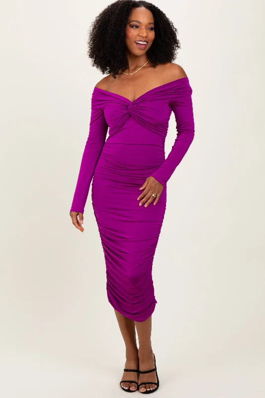 cap sleeve midi dress-Purple Off Shoulder Ruched Long Sleeve Midi Dress